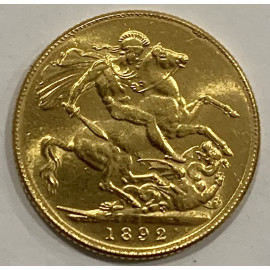 Moneda de oro, soberano reina Victoria, acuñada en 1892 por The Royal Mint, Ceca de Londres.